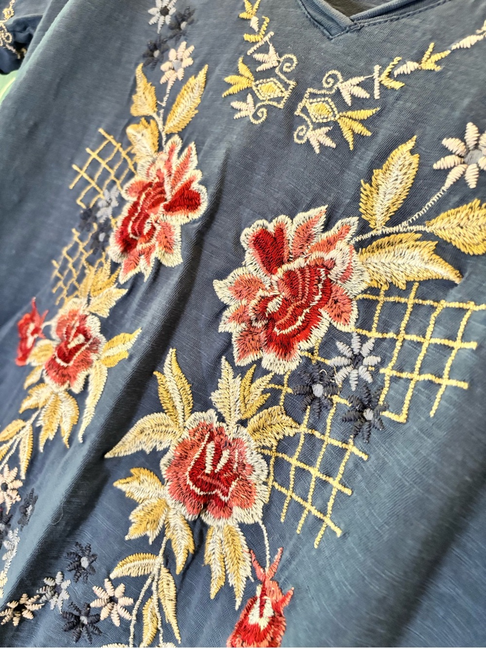 CAITE SEO Caite & Kayla BLUE EMBROIDERED cotton top SHORT SLEEVE boho LARGE - Picture 3 of 5